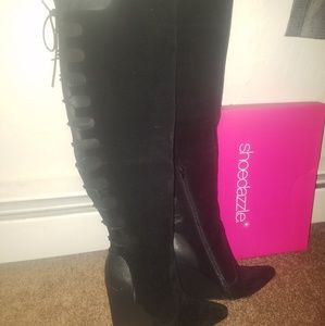 Thigh length healed black boots